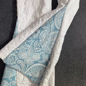 White and Blue Paisley Embroidered Flare Jeans